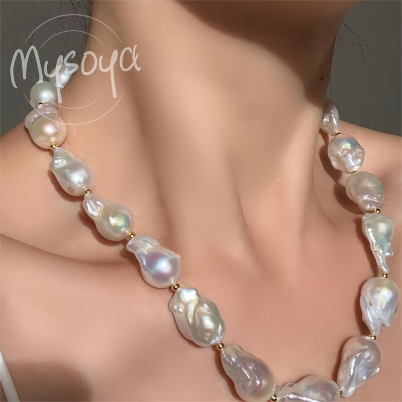 This elegant and unique baroque freshwater pearl necklace from MYSOYA Brand is the perfect accessory for any occasion. With pearls ranging from 14-23mm in size, this handmade boho necklace is a stunning choice for a party, wedding, anniversary, or as a