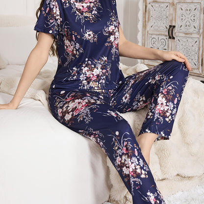 Women's floral print pajama set with short sleeve round neck top and elastic pants for casual wear.