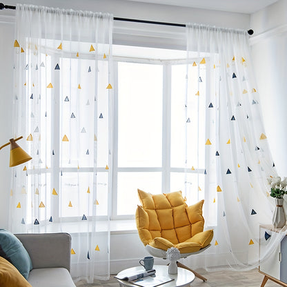 Modern geometric triangle sheer curtains in white polyester with an arts & crafts theme, suitable for girls room, living room, or bedroom. Machine washable, unlined, and featuring a decorative rod pocket embroidered panel.