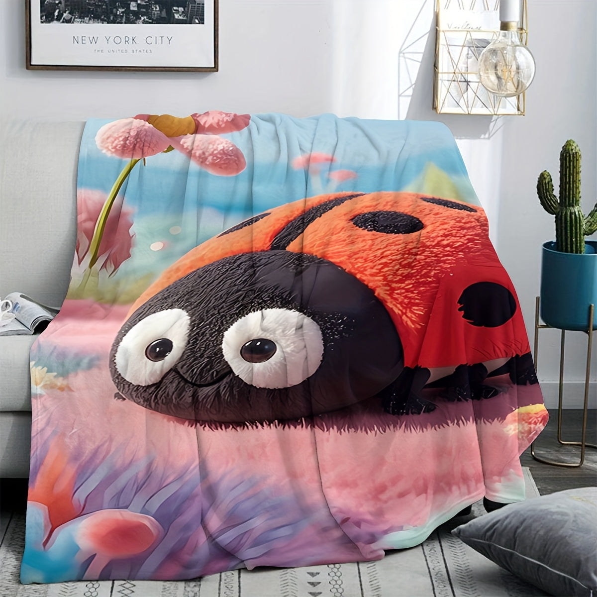 Modern Ladybug Design Plush Throw Blanket - Versatile All-Season Knit Blanket for Home and Travel - Made of Soft Polyester, Easy to Clean and Perfect Gift for Kids