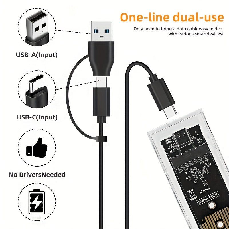 Clear USB Type C enclosure for M.2 NVME SSD with 10Gbps transfer speed.