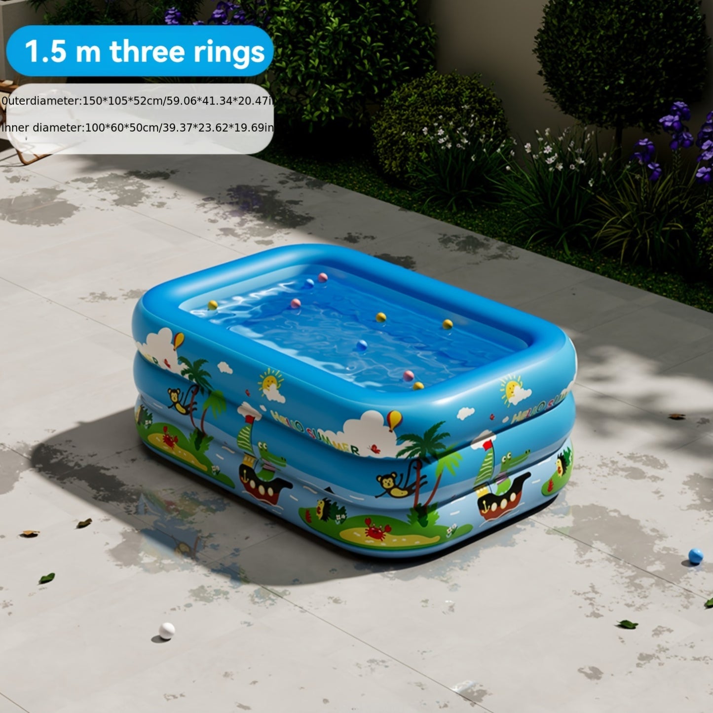 Adults' durable PVC inflatable swimming pool for indoor and outdoor use, perfect for parties and holidays. Summer floating pool toy measuring 150x105x52cm with multiple components.