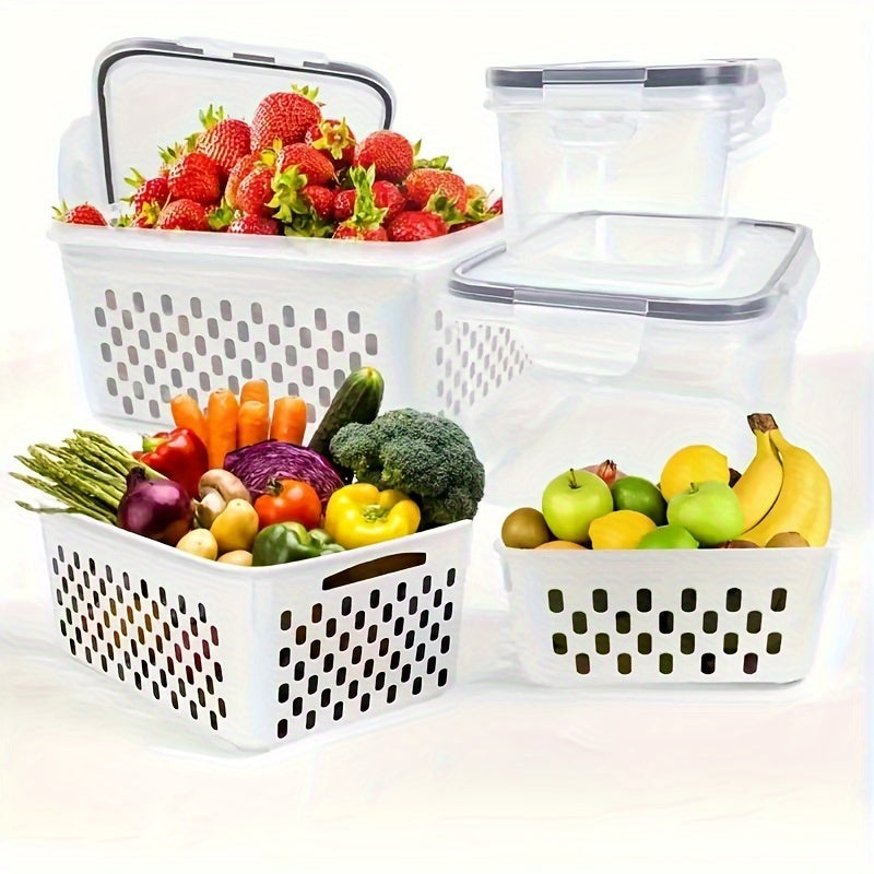 Reusable airtight plastic food storage containers featuring removable colanders, clip-on seal, and rectangle produce savers. Dishwasher safe and great for storing fresh berries, fruits, vegetables, and meat.