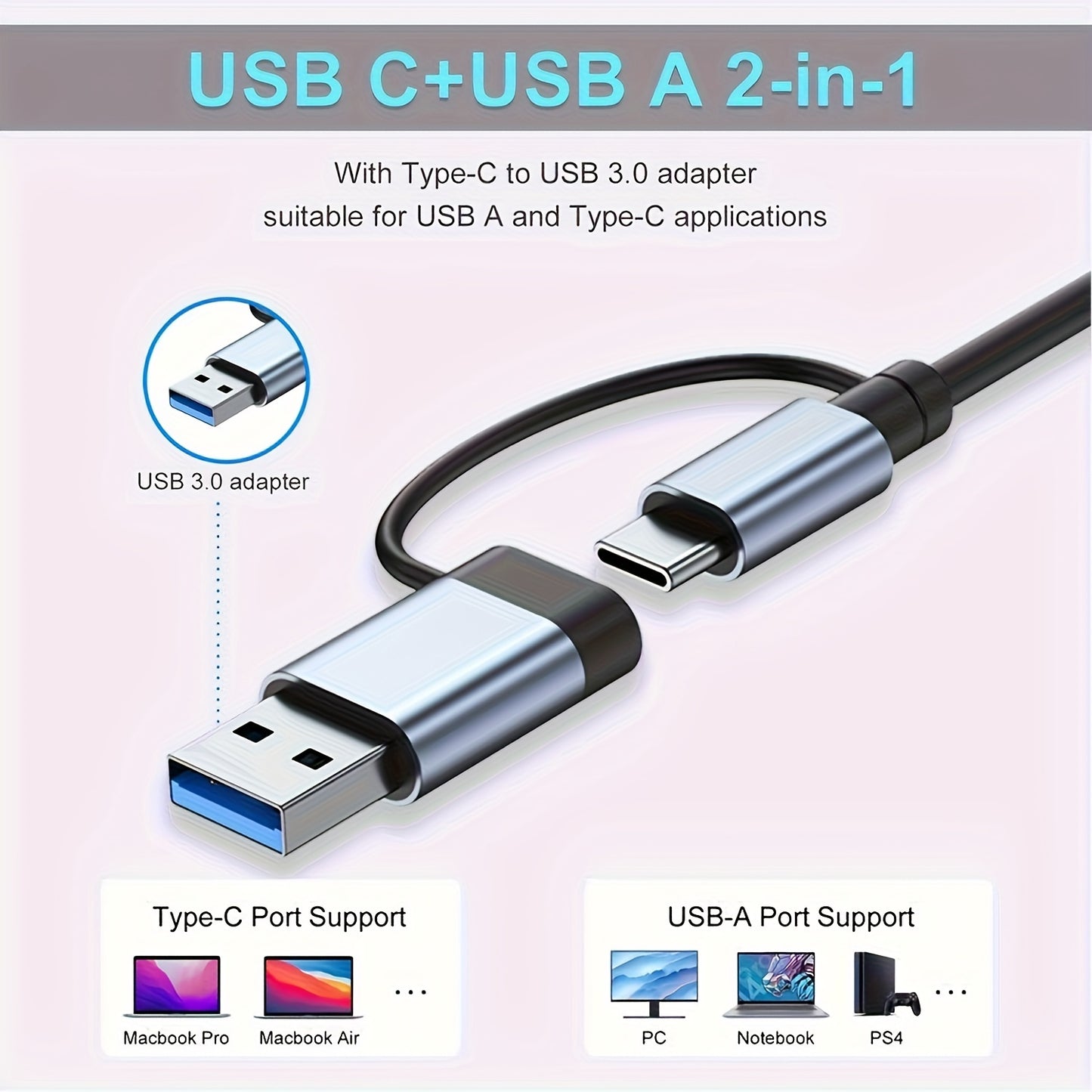 USB hub with audio jack, 8 ports, tablet-compatible, USB-powered, 5V operating voltage.