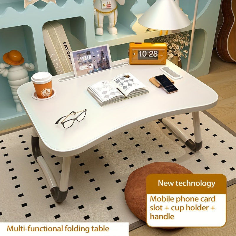 Wood fiber lap desk with folding legs, phone slot, cup holder, and handle - versatile table for students, office, or leisure.