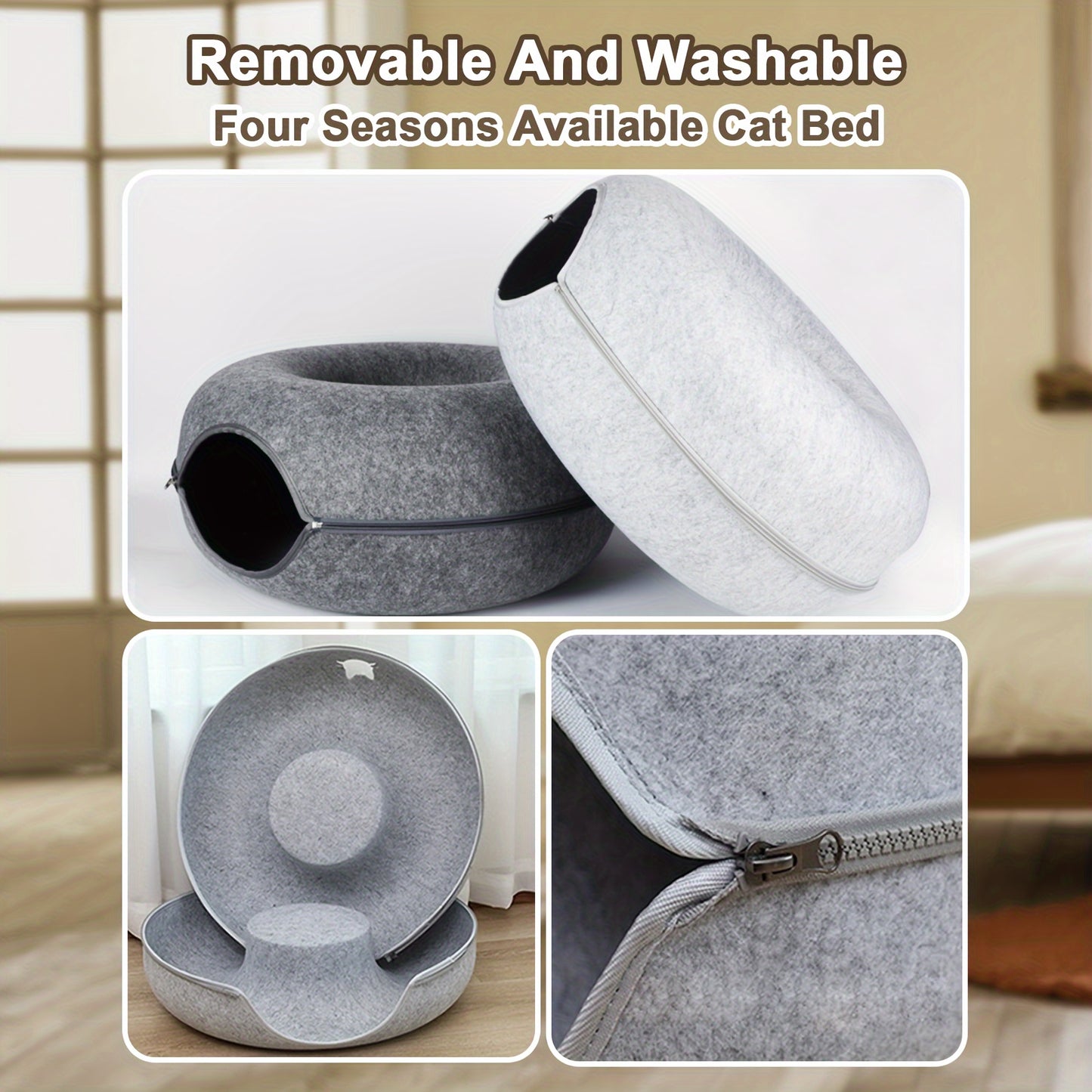 Versatile cat tunnel bed made of cozy wool felt in gray, with foldable design and zippered split for easy cleaning. Perfect for play, sofa, or bed use.