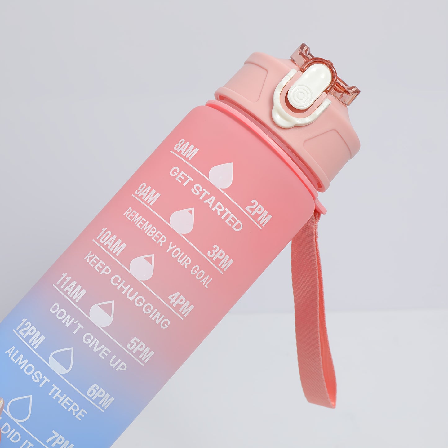 Lightweight water bottle with straw and time stamp, fixed hand strap prevents falling off, practical for daily outings and various sports, reasonable liquid capacity design for reassurance.