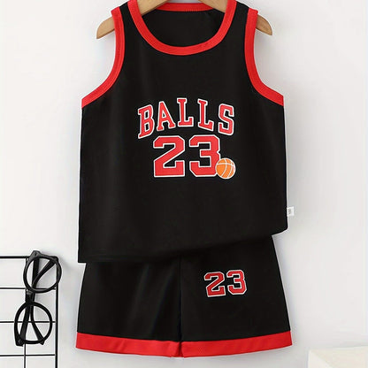 Youth #23 Basketball Jersey and Shorts Set in Red & White, 100% Polyester, Breathable, Sleeveless with Letter Print, Ideal for Spring/Summer Outdoor Sports.