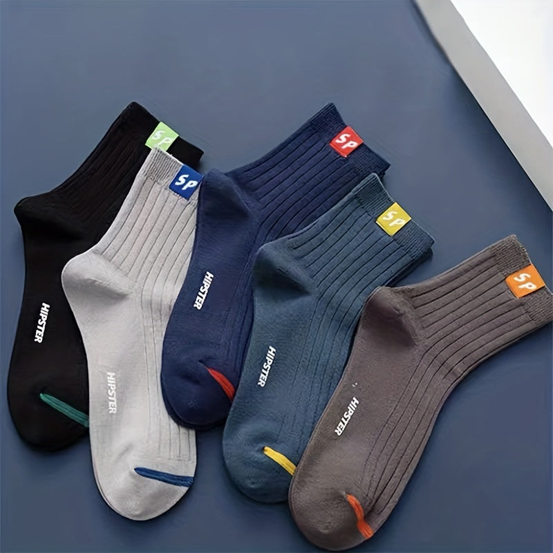 5 pairs of men's thin cotton blend mid-calf socks, breathable, moisture-wicking, suitable for everyday wear, sweat-resistant.