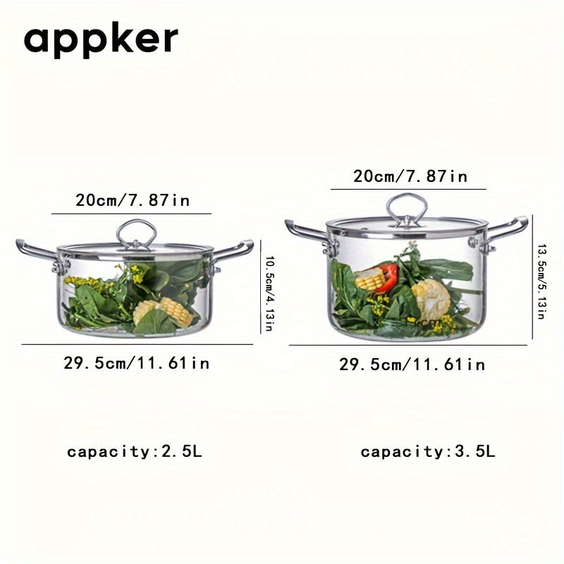 Appker Glass Cookware Set: Includes 2.5L & 3.5L Capacity Pots, Suitable for Stovetop Use, Easy to Clean in Dishwasher, High Heat Resistant Borosilicate Glass with Stainless Steel Handles - Ideal for Cooking Soups, Milk, Baby Food, Pasta, Noodles & More