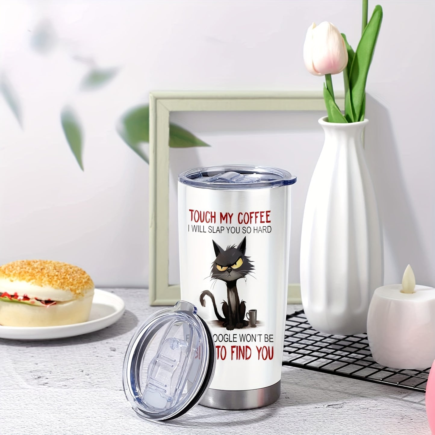 20oz stainless steel coffee tumbler with funny print. Perfect gift for parents, relatives, and friends. Touch my coffee and I will slap you!