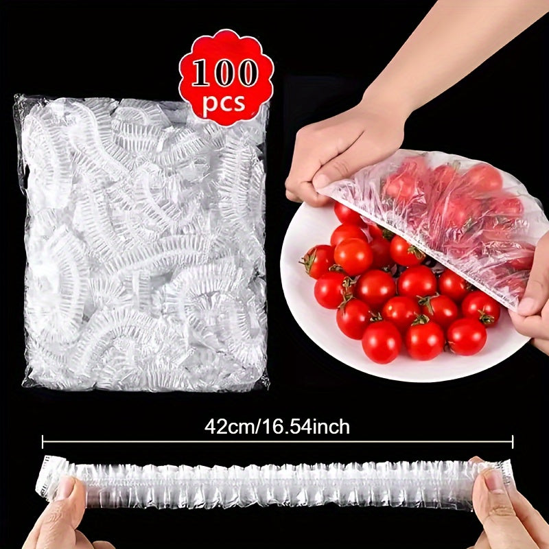 100 pieces of PVC elastic food covers - perfect for preserving freshness in fruits, rice, and in the refrigerator or freezer. These covers are leak-proof, dust-proof, adjustable, and reusable.