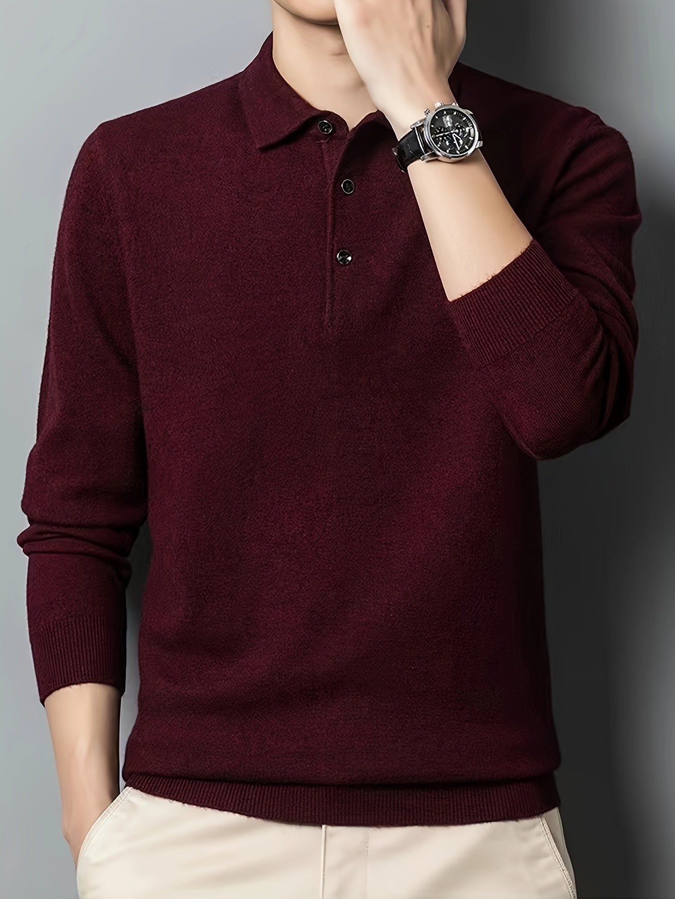 Men's buttoned long sleeve thermal sweater, ideal for fall/winter casual wear.