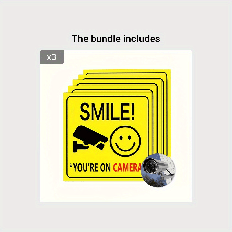 Set of 5 or 10 Smile You're On Camera window stickers for polite video surveillance security. Suitable for home, business, yard, driveway home decor.