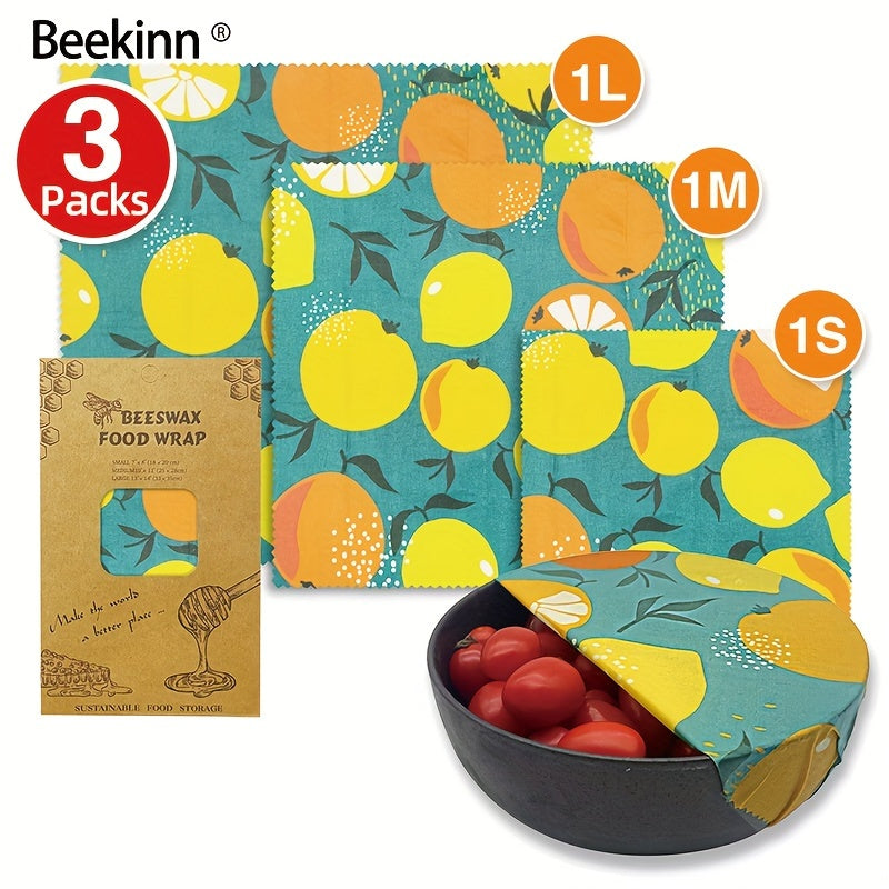 3-piece Beekinn Beeswax Reusable Food Wraps in Abstract Curves Pattern - Sustainable, Zero Waste Food Storage Solution