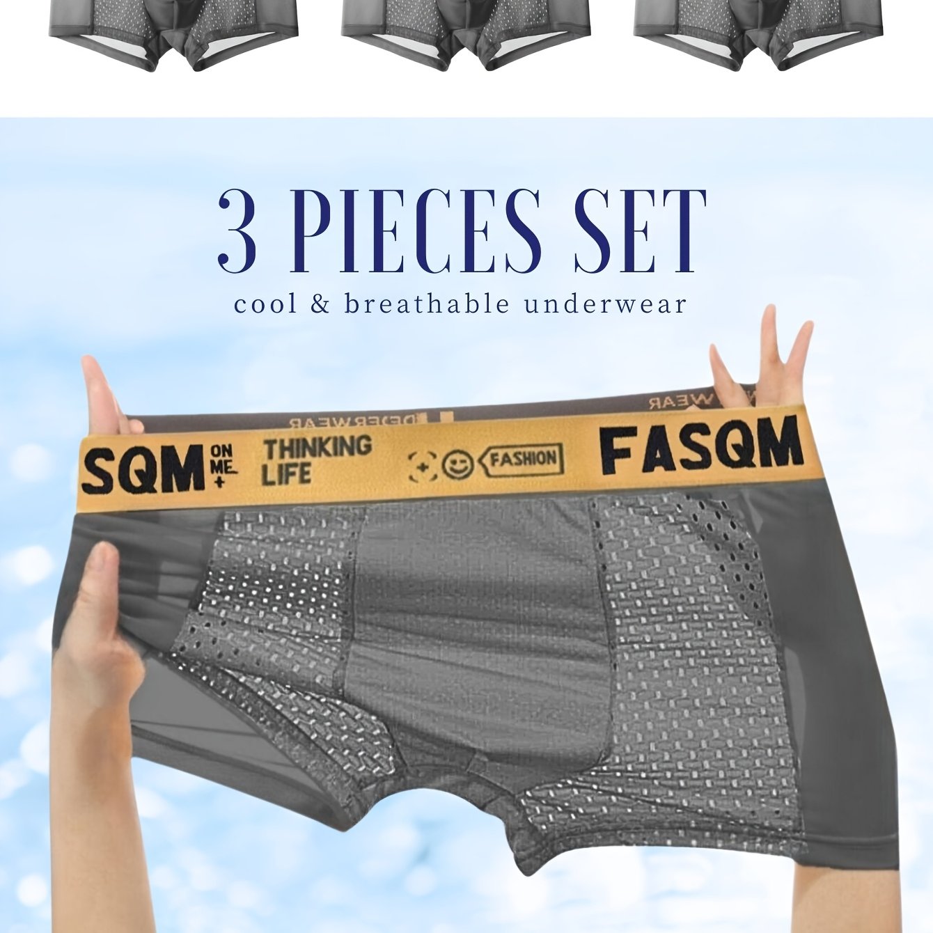 Multicolor men's ice charm boxers briefs with mesh patch, stretchy trunks, plain color sky blue, black, and deep gray with contrast color waistband print.