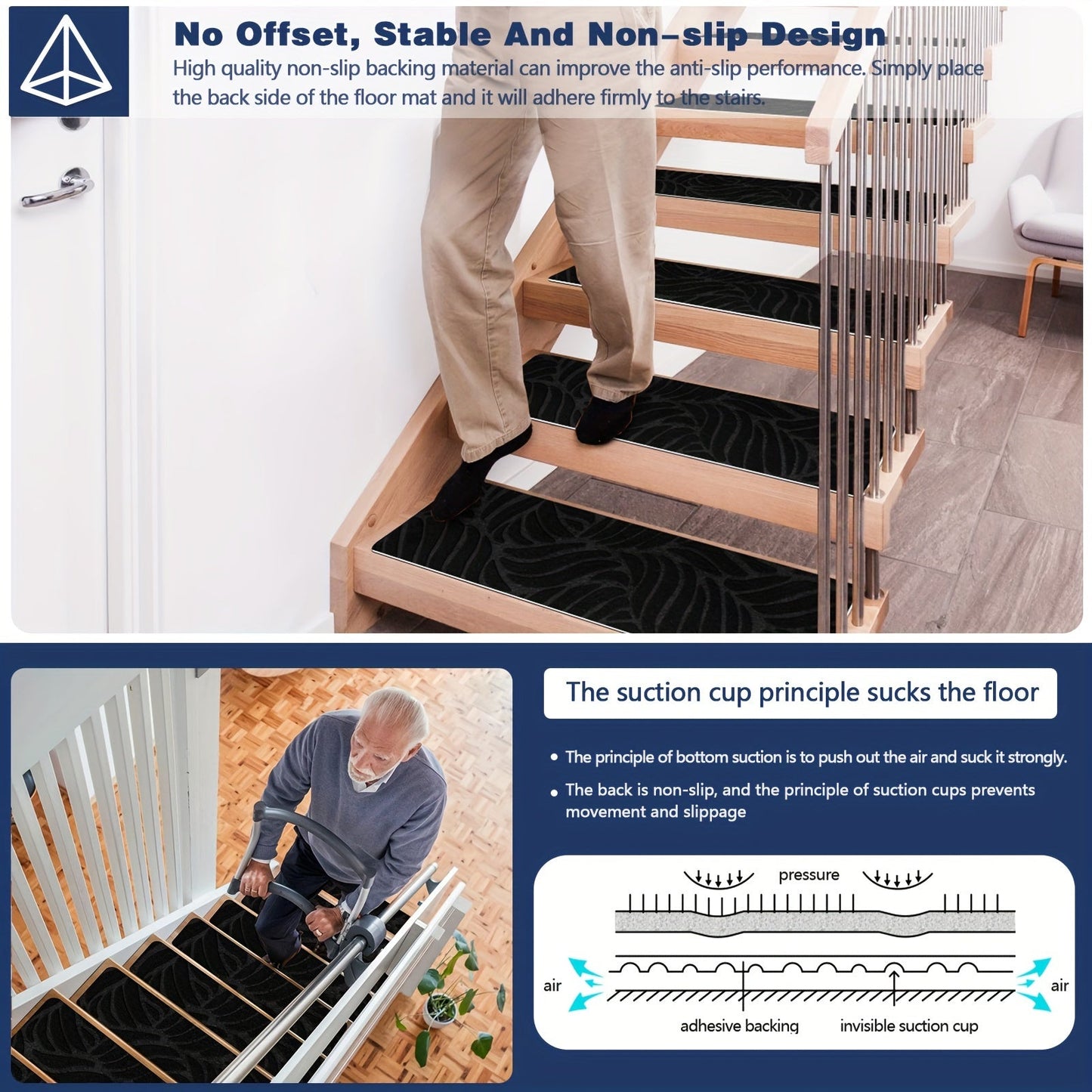 15 pieces of carpet stair treads by JAYFAN, designed for wood steps with non-slip features to provide safety for both pets and humans. These indoor stair treads are washable and reusable, making them a practical choice for any staircase.