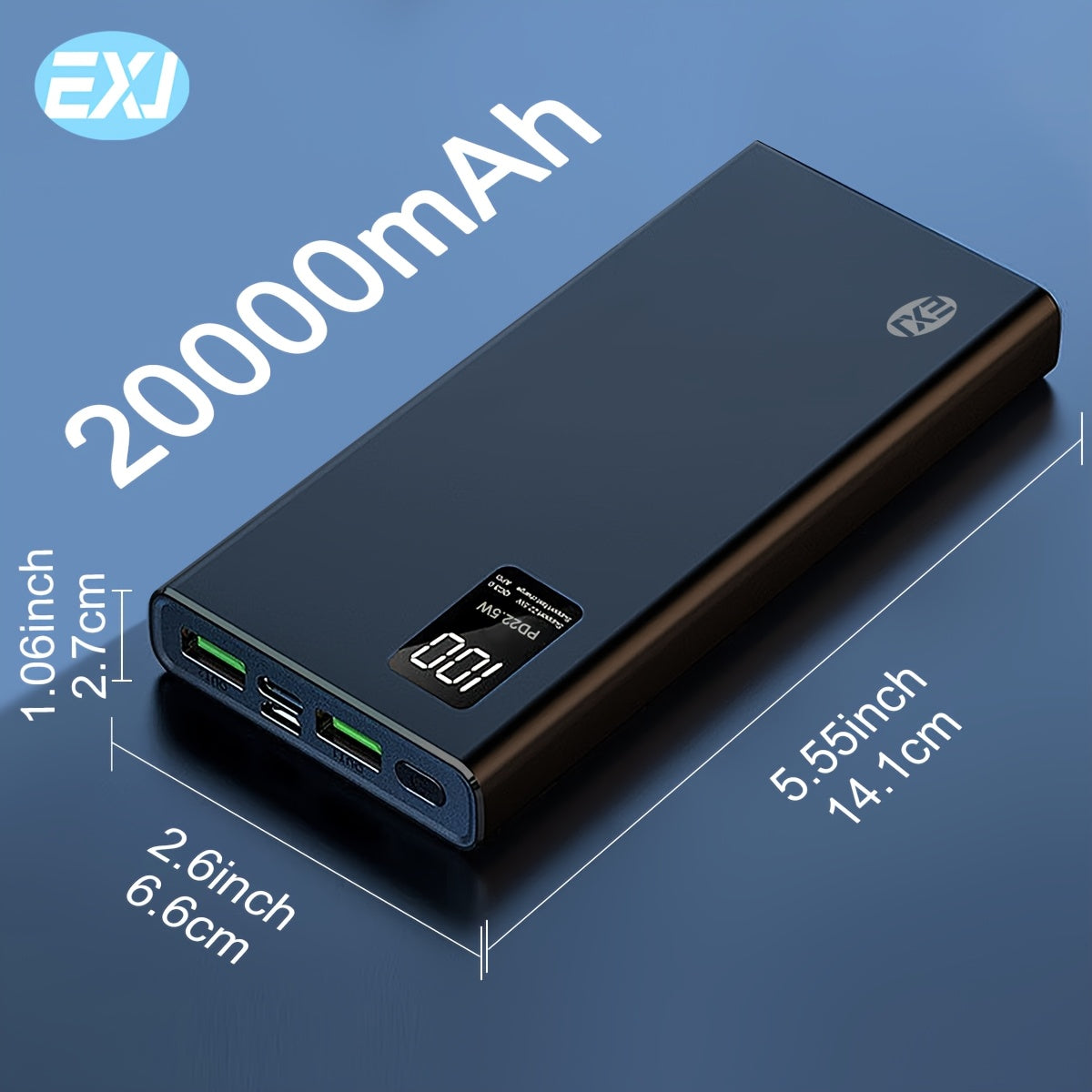 EXJ 20000mAh Портативный Power Bank с быстрой зарядкой 22.5W, 2 USB 3.0 Type C QC PD, LED дисплей, совместим с iPhone 12 Pro, Android, Samsung S24.