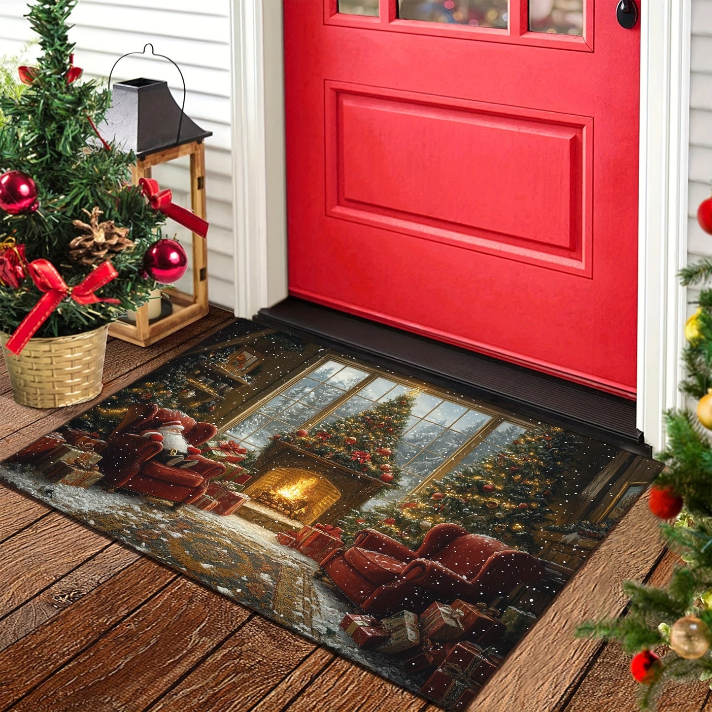 Non-Slip Rubber Backed Christmas Holiday Doormat featuring Santa Claus and Fireplace Design, Washable Polyester Rectangular Entrance Mat with Festive Xmas Tree Floor Decoration. This lightweight braided rug is the perfect addition to your holiday décor.