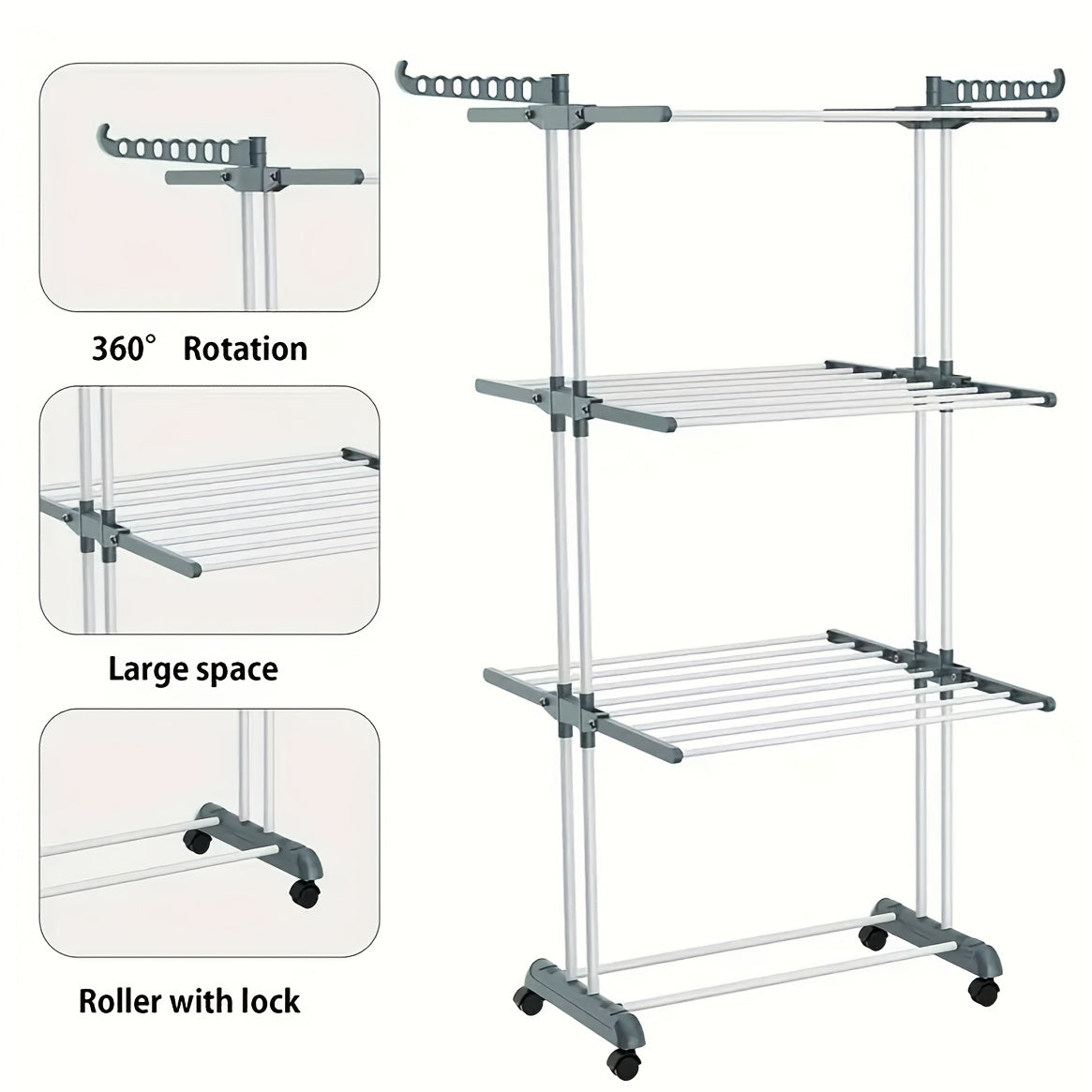 3-Tier Aluminum Clothes Drying Rack with Wheels - Compact and Foldable Laundry Organizer for Indoor/Outdoor Use