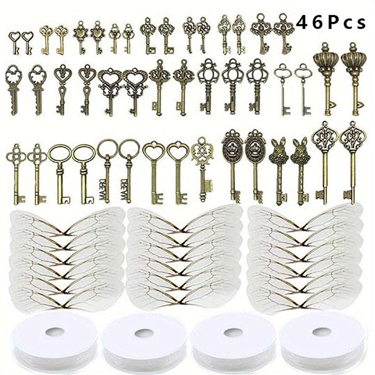 46 pieces of antique bronze vintage skeleton key charms, accompanied by 50 pairs of dragonfly wings and 96.01 meters of strings for creating jewelry and necklaces. Perfect for crafts.