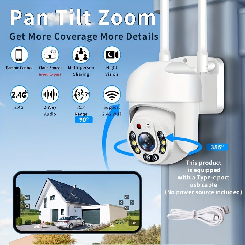 YIIYRY WiFi Security Camera offers 355° Pan/Tilt, Color Night Vision, 2-Way Audio, USB Powered, Smartphone Compatibility, SD Card Not Included.