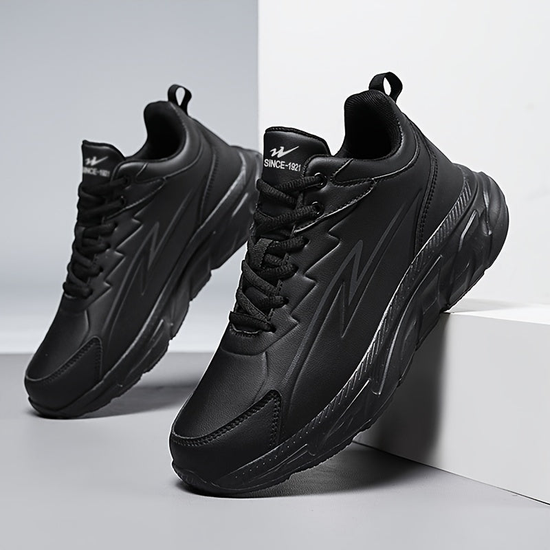 Men's black road running shoes with a casual sporty style, durable rubber sole, comfortable fabric lining, and low-top lace-up design. Suitable for all seasons, these athletic sneakers are