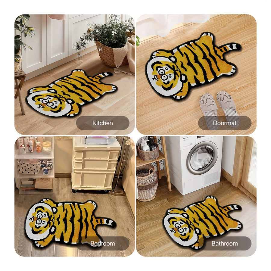 Upgraded ultra-fine thickened short fleece non-slip floor mat featuring a cute little tiger pattern in brown. This special-shaped microfiber mat is both absorbent and non-slip, making it perfect for both indoor use and as a toilet door mat. It is machine