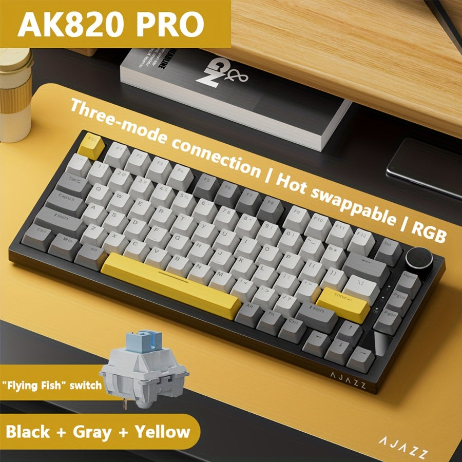 AJAZZ Wireless Mechanical Keyboard with RGB Backlight, 75% Layout, Hot-Swappable PBT Keycaps, Wireless & USB Charging for Gaming and Office Use.