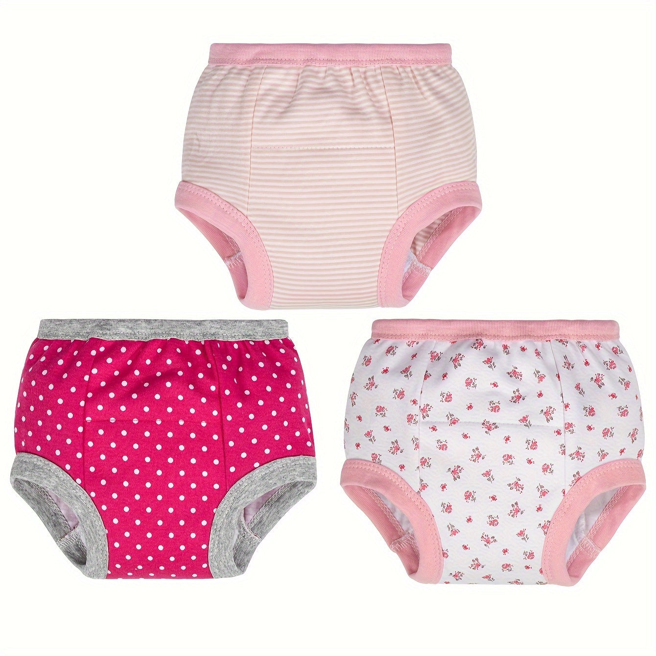 Three pieces of adorable washable 6-layer cloth diaper pants for training, made of breathable cotton fabric.