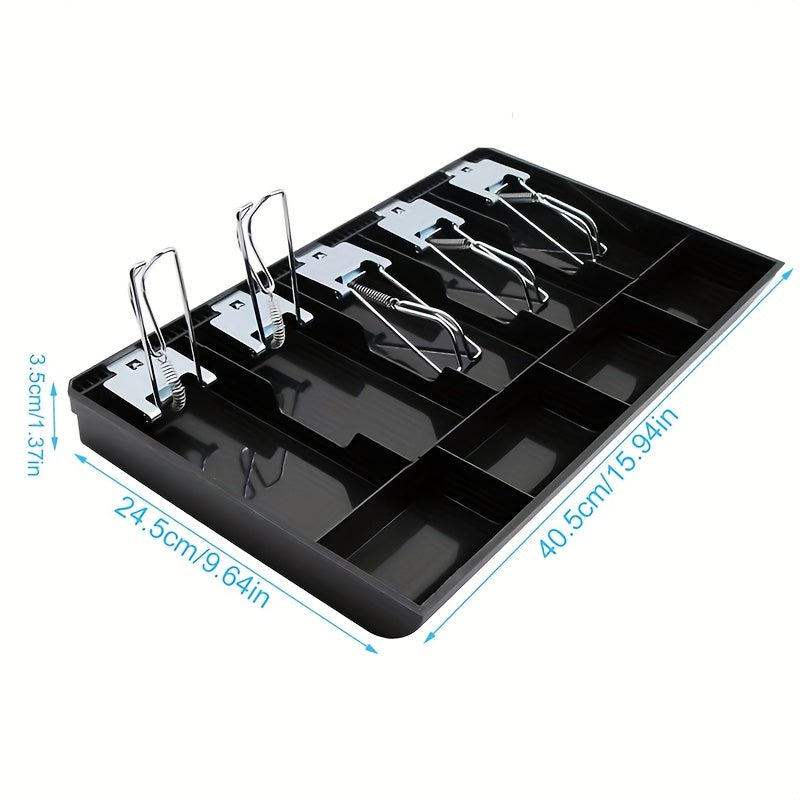 Upgraded metal cash register drawer insert tray with 5 bills/4 coins slots, black.