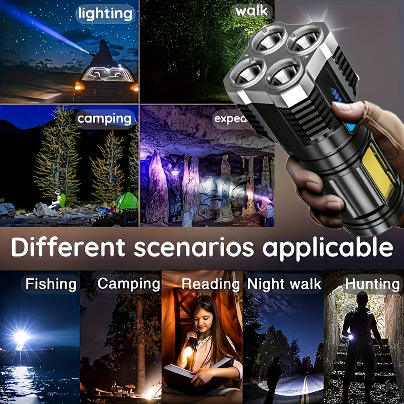 Rechargeable LED flashlight with 400mAh battery, USB powered, includes COB side light, not waterproof, includes USB cable - ideal for outdoor use.