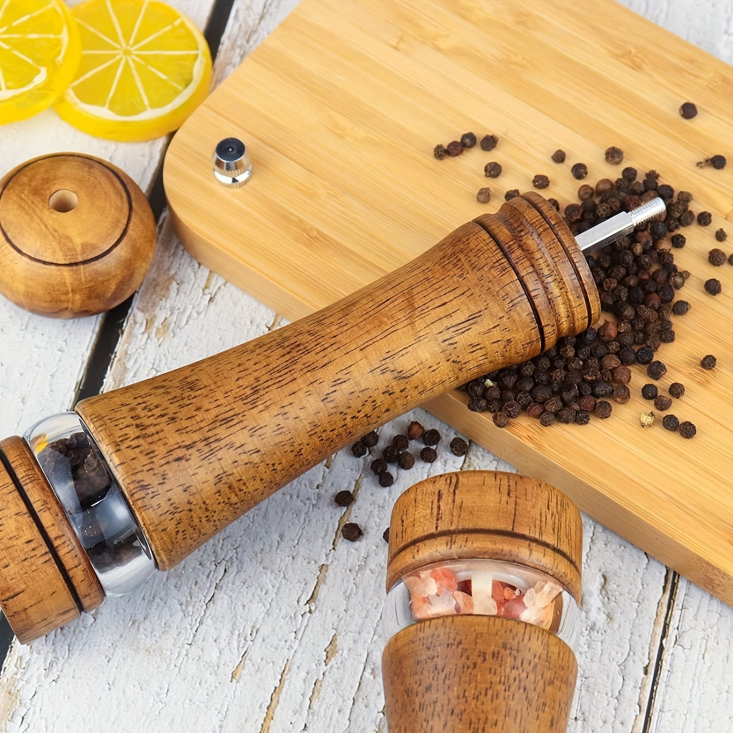 Classic Wooden Salt & Pepper Grinder Set - Manual with Adjustable Ceramic Rotor & Acrylic Window, 8-Inch - Ideal for Culinary Enthusiasts.