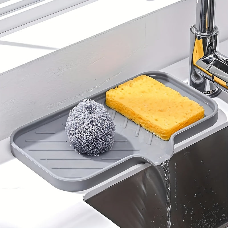 Durable Plastic Kitchen Sink Drain Mat with Soap Holder and Non-Slip Countertop Pad - Features Water Drainage Design and Easy to Use without Electricity