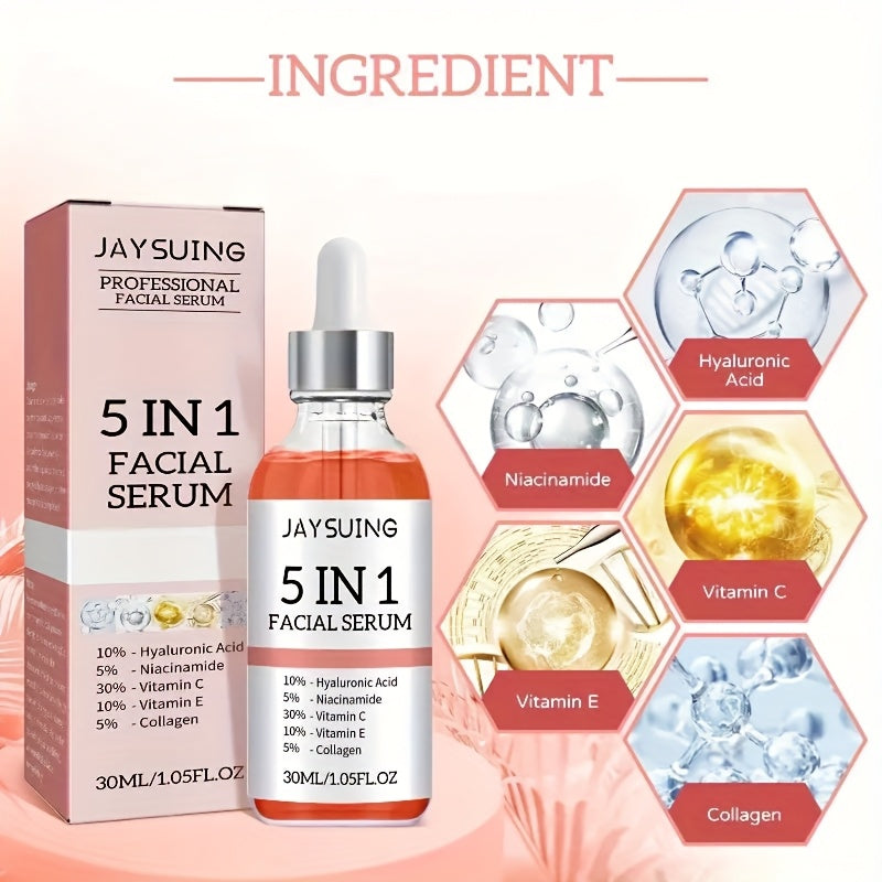 2pcs JAYSUING 5-in-1 Facial Serum with Hyaluronic Acid, Collagen, Niacinamide, Vitamin C & E. Controls oil, minimizes pores, and moisturizes all skin types. Hypoallergenic. 30ml each.