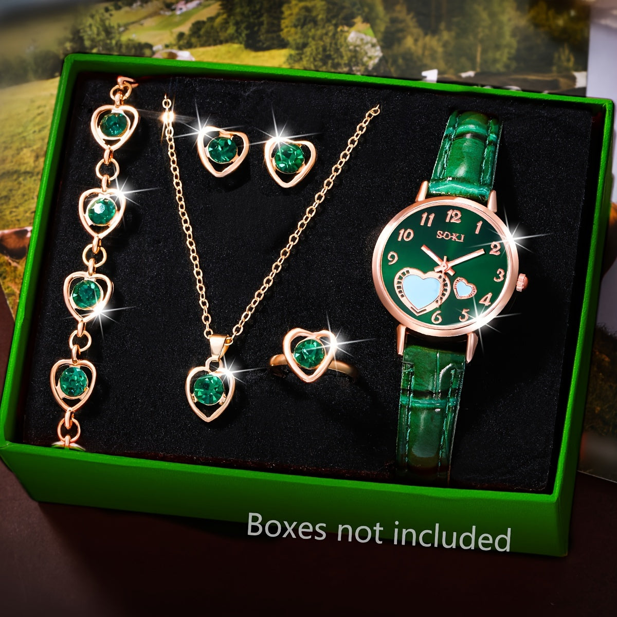 Middle East Ramadan Ladies Watch set includes a fashionable casual quartz watch with peach-shaped dial and a heart necklace, earrings, bracelet, and rings. Perfect for women's parties