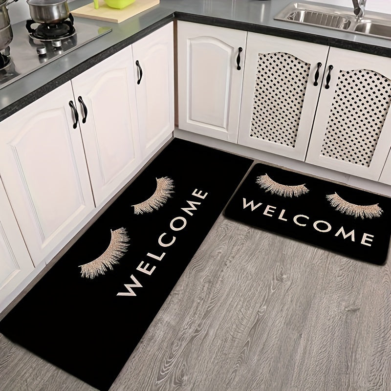 Pink eyelashes and letters patterned kitchen rug made of polyester vinyl material. This mat is anti-slip and absorbent, perfect for use in the kitchen, home office, sink area, or laundry room. It also provides anti-fatigue properties for added comfort.