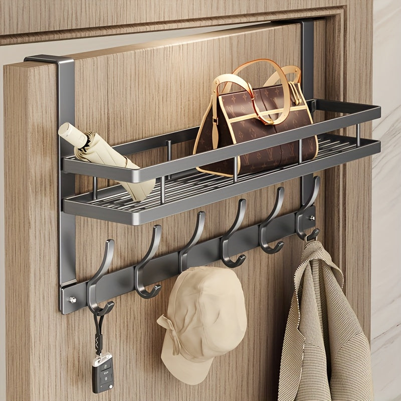 Convenient over-the-door storage rack with multifunctional metal hooks for bedroom, bathroom, and kitchen organization.