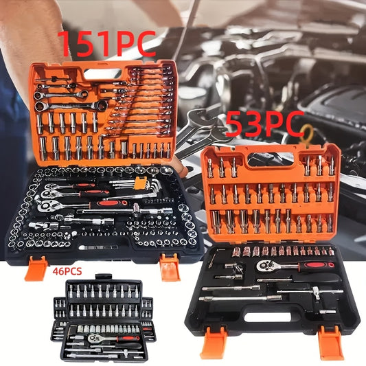 Professional high-end specialty mechanic tool sets with various number of pieces, drive depth and standard sockets, premium racing grade auto parts repair tools, including fast ratchet