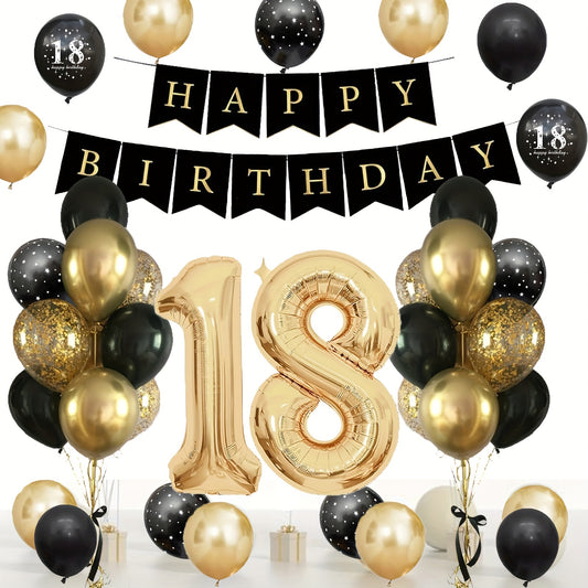 Black and gold balloon decorations for 18th birthday party with Happy Birthday banner and balloon garland.