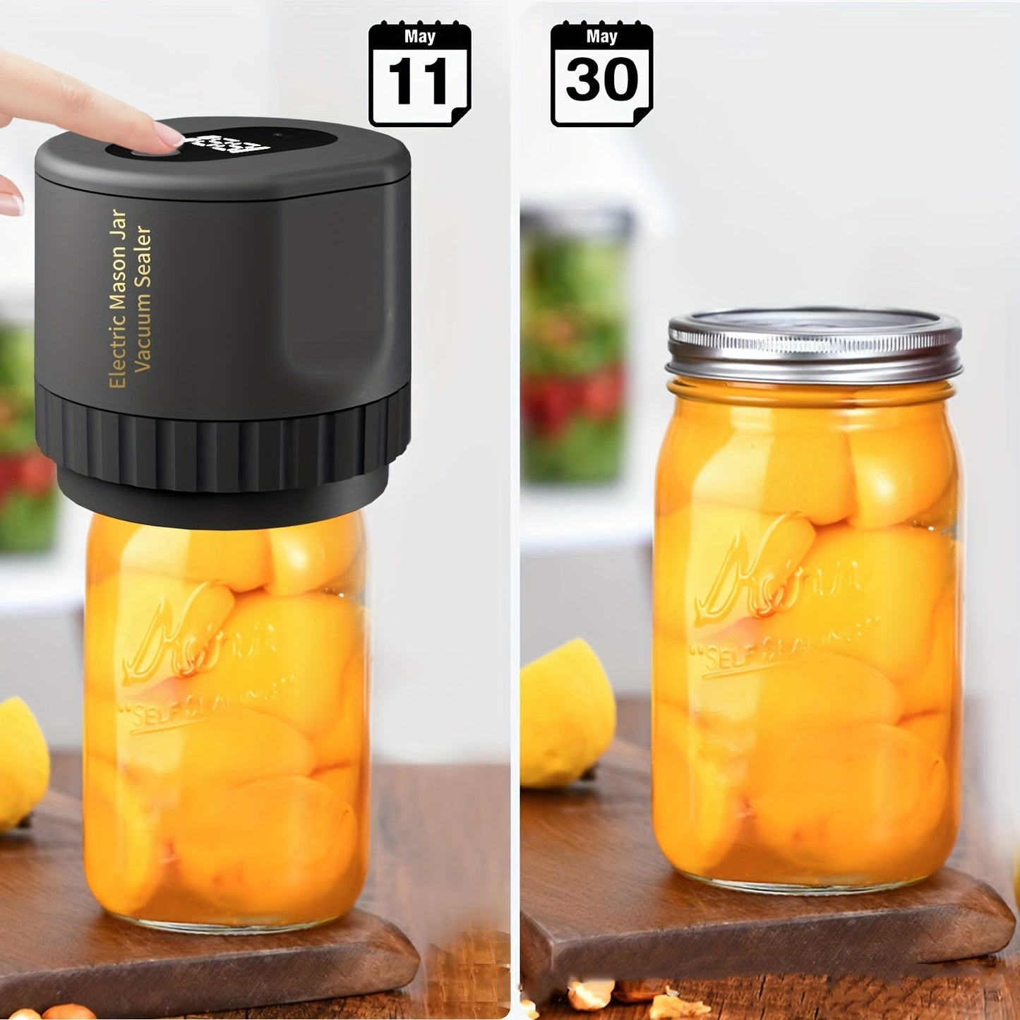 Keep your dry foods fresh with the Electric Mason Jars Vacuum Sealer, designed for both wide mouth and regular mouth mason jars. This set includes 5 lids each for wide mouth and regular mouth jars in black.