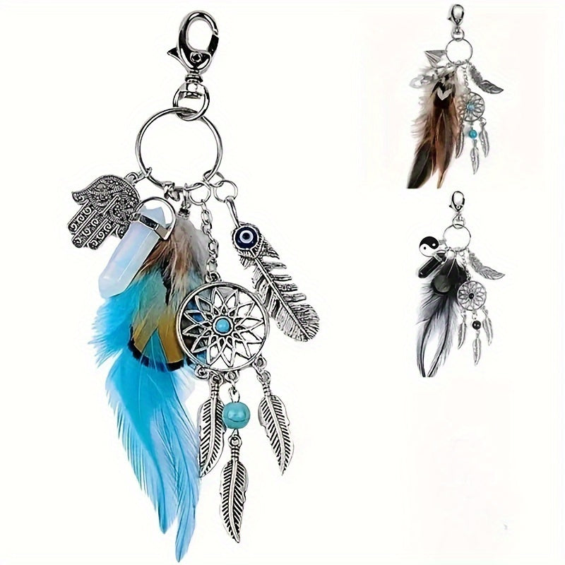 Black Metal Feather & Tassel Charm Boho Dream Catcher Keychain for Bags and Keys - Ideal Valentine's Day Present, Bag Accessory, or Car Pendant