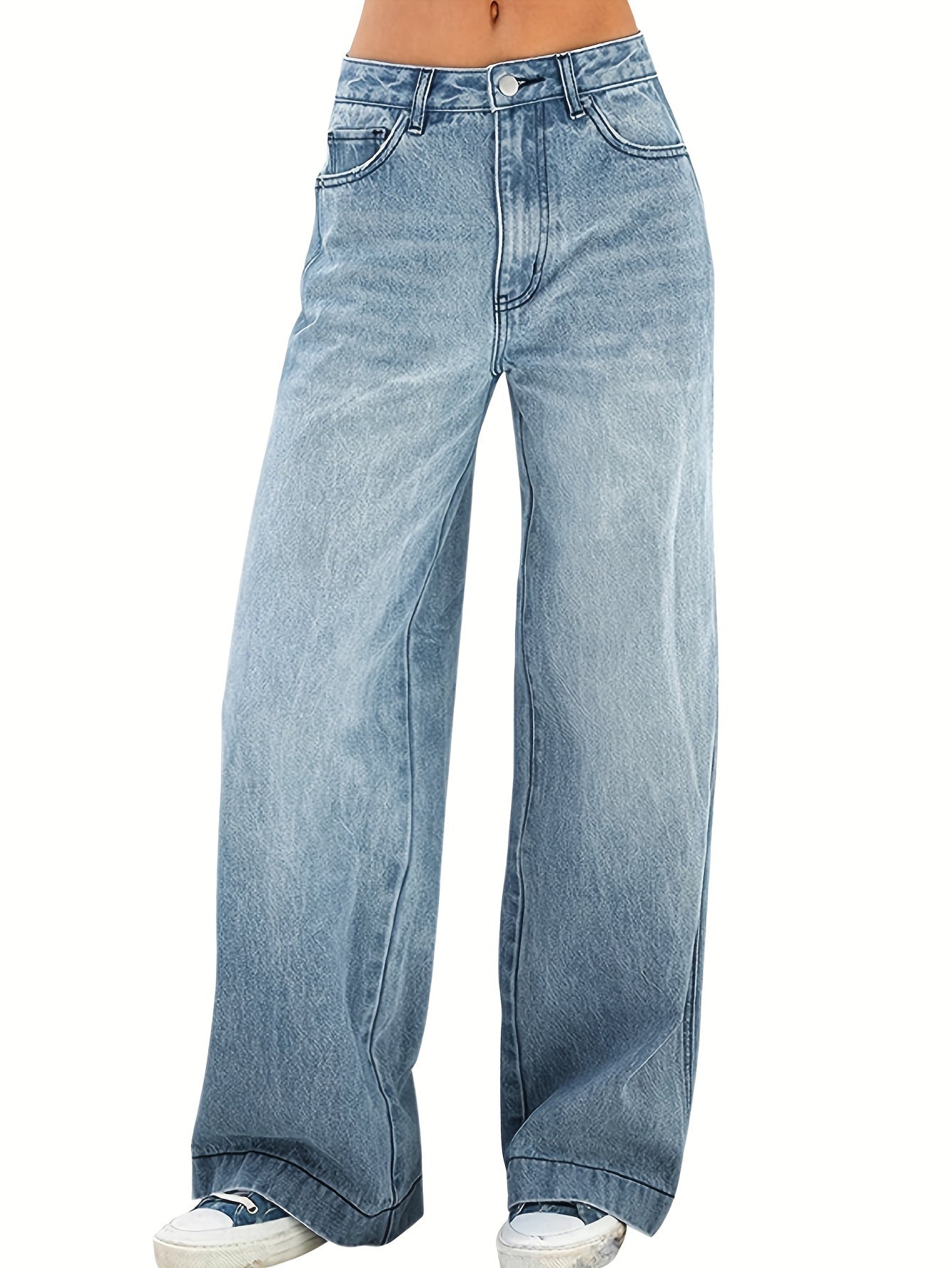 Women's wide leg jeans in plain washed blue denim, comfortable and classic design.