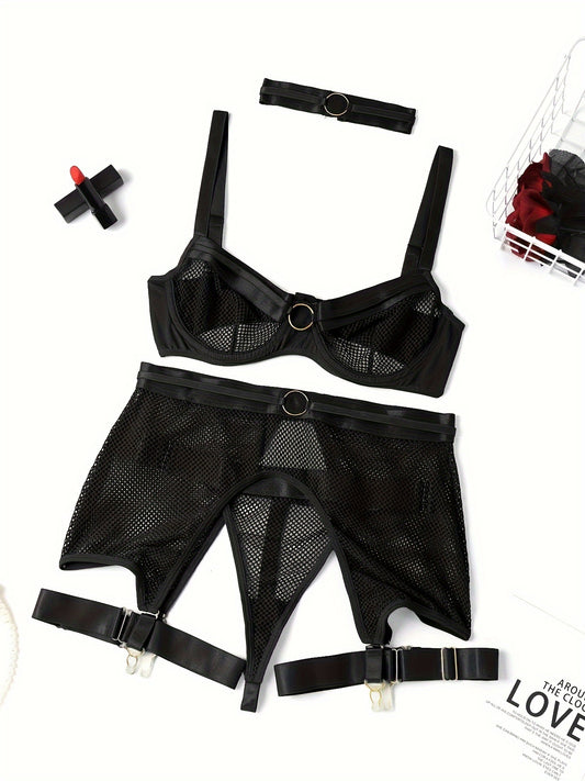 Women's sexy fishnet lingerie set with ring linked bra, cut out thong, and girdle.