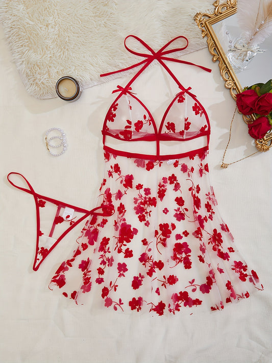 Red floral sheer mesh lingerie set includes halter top and thong, perfect for a romantic night.