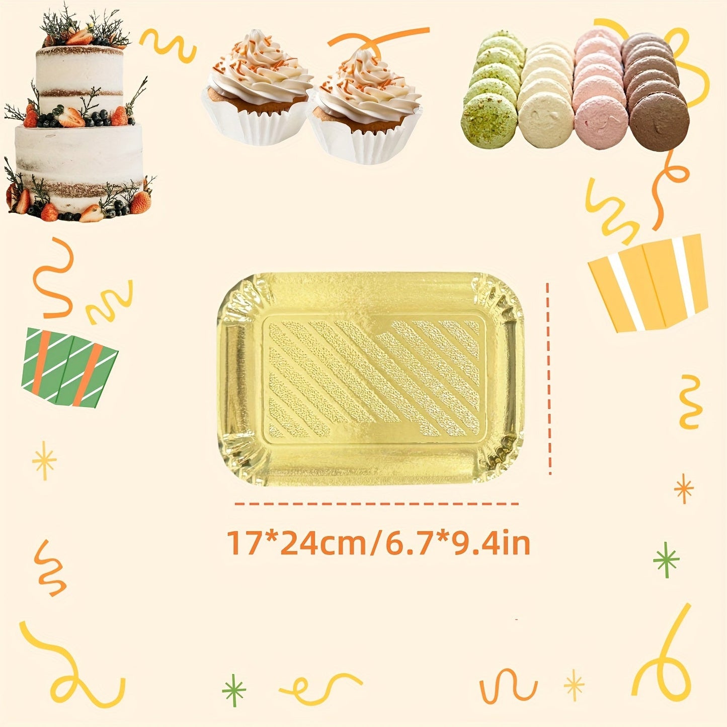 10 elegant golden rectangle cake boards with scalloped edges, designed for heavy duty use. These disposable paper serving trays are greaseproof and perfect for serving desserts and cupcakes. Ideal for birthday parties, weddings, and holiday celebrations.