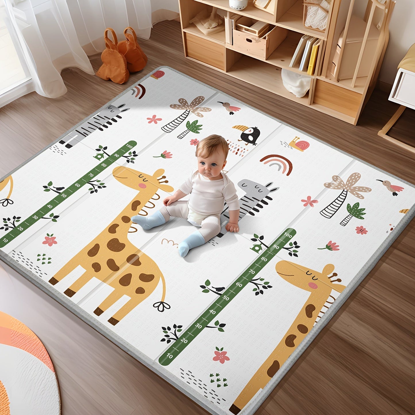 This reversible giraffe and geometric play mat is designed for youngsters, measuring 127.0x127.0 cm. It is waterproof, made of thick foam for safety, and can be easily folded and carried. This portable floor mat is perfect for both toddlers and young