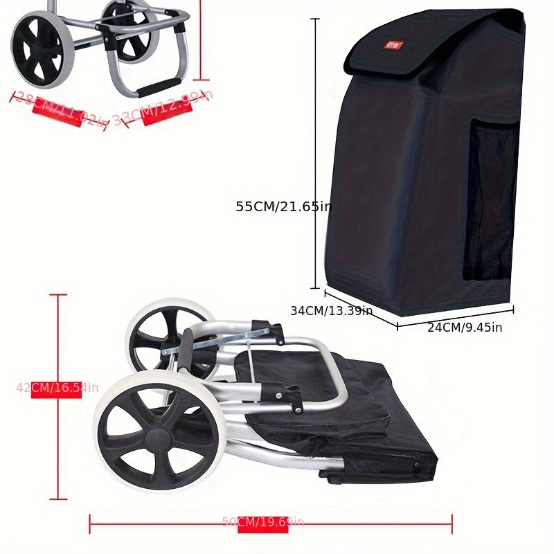 Portable folding shopping cart made of aluminum and plastic with detachable storage box. Ideal for grocery shopping, moving, or camping. No electricity required. Features sturdy