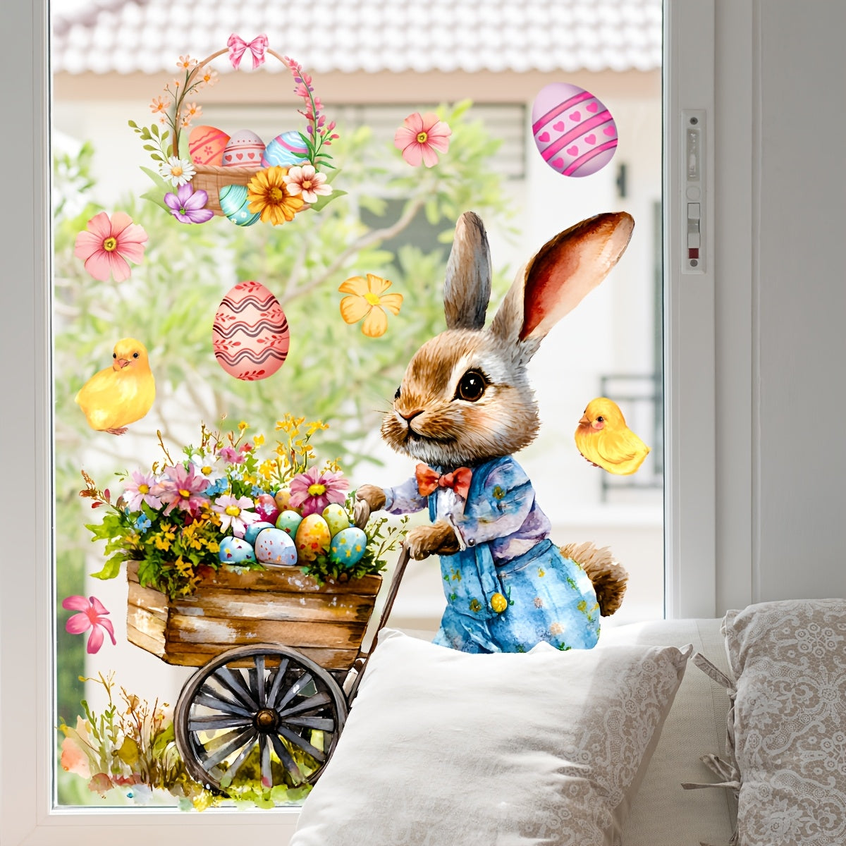 Window cling decal featuring an Easter Bunny and Chick in a basket - 30.48cm x 30.48cm size made of ultra-thin PVC. Self-adhesive with a festive floral egg design, perfect for decorating bedrooms and balconies.