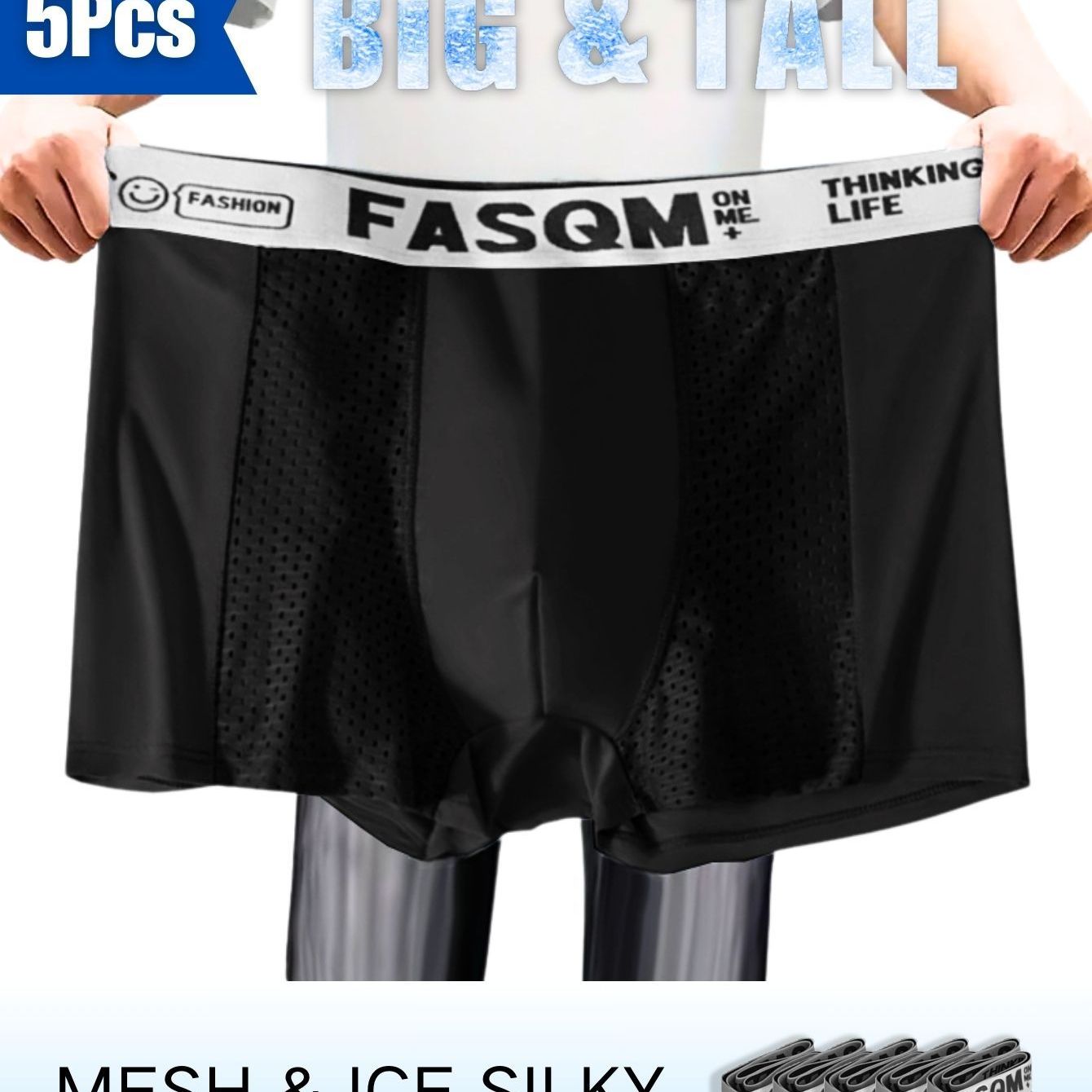 5-pack of breathable mesh boxer briefs in plus sizes, made from stretchy polyester and spandex, featuring solid colors with contrast mesh detail, knit fabric, 125gsm weight, available in